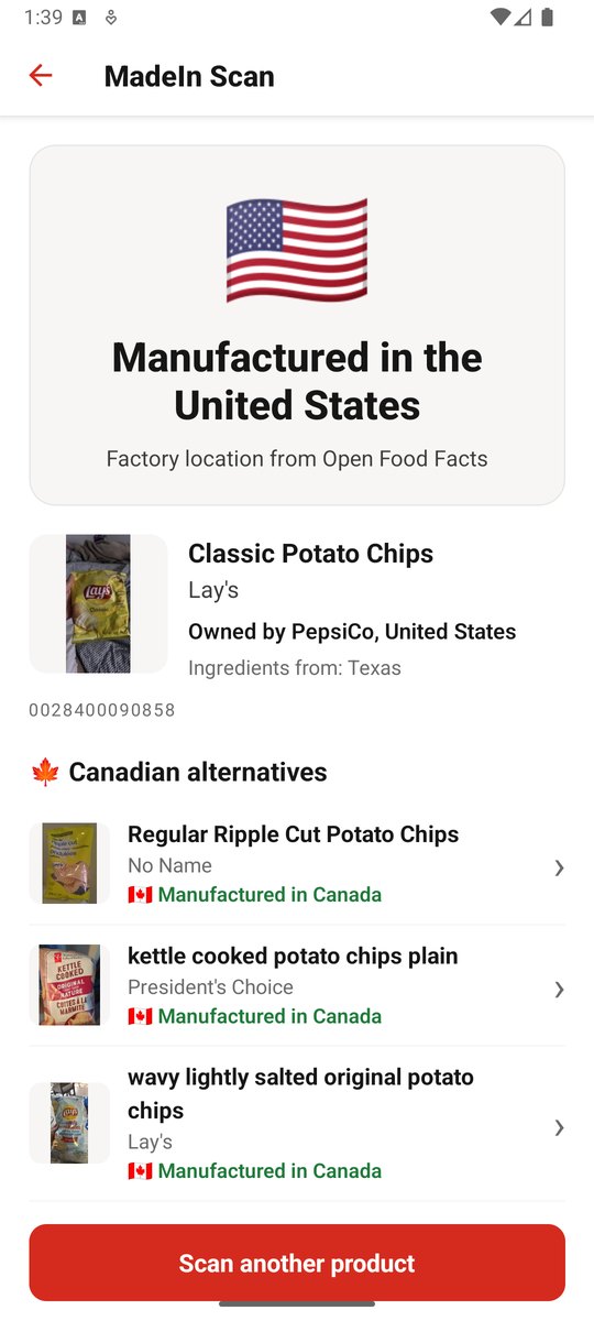 MadeIn Scan result for an imported product, with a list of Canadian alternatives