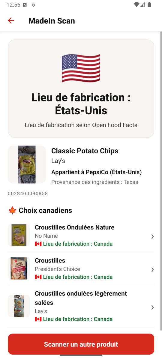 Résultat MadeIn Scan pour un produit importé, avec une liste de choix canadiens