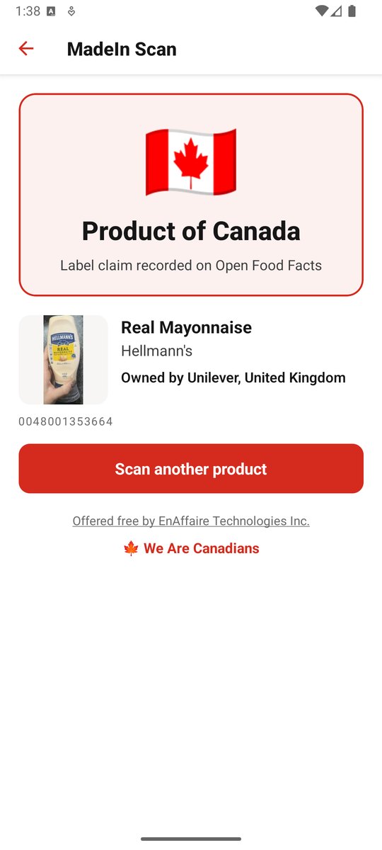 MadeIn Scan result: a flag and the words Product of Canada above the product name and photo