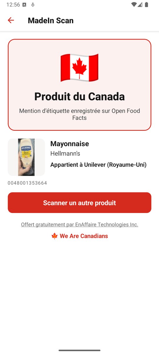Résultat MadeIn Scan : un drapeau et la mention Produit du Canada au-dessus du nom et de la photo du produit